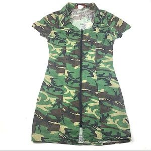 Camo Bodycon Zip Up Mini Short Sleeve 100% Cotton Dress, by Charades, M